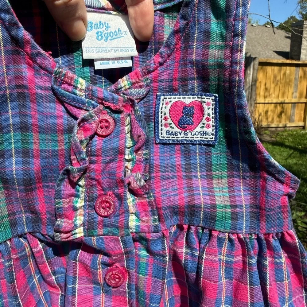Vintage Baby B’Gosh Plaid Bubble Romper 6–9M USA Made Kitty Patch Pink Tartan